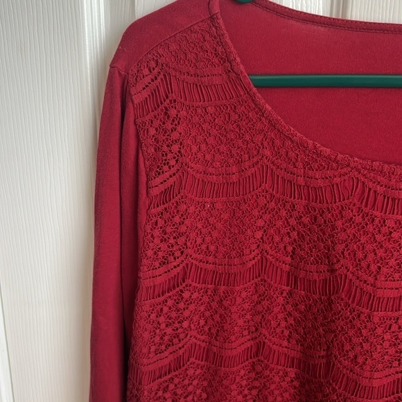 LOFT‎ Lace Top Blouse 3/4 Sleeve Cranberry Red Elegant Party Casual Size XL - Picture 2 of 10